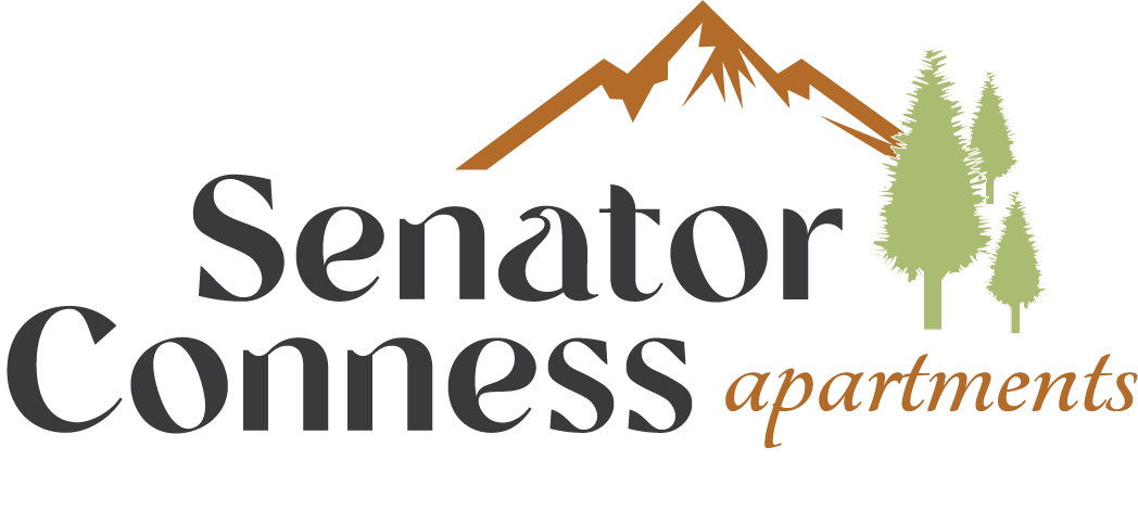 the logo for senator apartments is shown with a mountain and trees